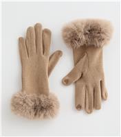 Brown Faux Fur Trimmed Heart Detail Gloves New Look