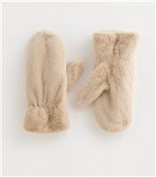 Cream Faux Fur Mittens New Look