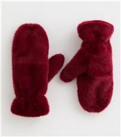 Dark Red Faux Fur Mittens New Look