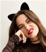 Black Halloween Velvet Cat Ears Headband New Look