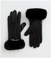 Black Faux Fur Trimmed Faux Leather Gloves with Chain New Look