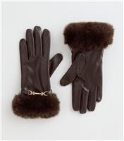 Brown Faux Fur Trimmed Faux Leather Gloves New Look