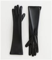 Black Long Ruched Faux Leather Gloves New Look