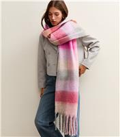 Pink Multi Check Fringe Trim Scarf New Look