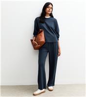 Women's Navy Elasticated Waist Premium Wide Leg Joggers New Look