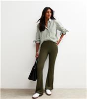 Women's Khaki Ribbed Jersey Flared Trousers New Look