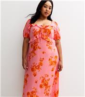 Women's Plus Size Pink Floral Print Ruffle Trim Milkmaid Midi Dress Curves New Look