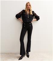 Women's Black Gold Button Ribbed Flared Leg Trousers New Look