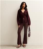 Women's Petite Burgundy Ribbed Flared Trousers New Look