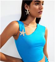 Women's Blue Starfish Applique Asymmetric Neckline Top New Look
