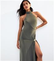 Women's Khaki Asymmetric Panelled Halterneck Midi Dress New Look