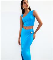 Women's Blue Starfish Applique Wrap Style Midi Skirt New Look