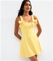Women's Light Yellow Bow Detail Flared Mini Dress New Look