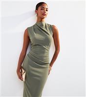 Women's Dark Khaki High Neck Scuba Ruched Midi Dress New Look