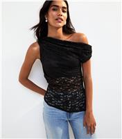 Women's Black Lace Frill Fallen Shoulder Top New Look