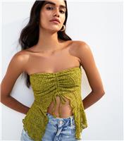 Women's Light Green Lace Ruched Slit Hem Bandeau Top New Look