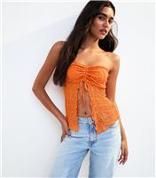 Women's Orange Lace Ruched Slit Hem Bandeau Top New Look