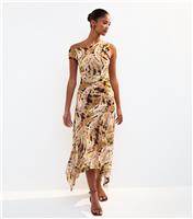 Women's Brown Abstract Print Fallen Shoulder Midi Dress New Look
