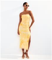 Women's Yellow Mesh Printed Side Slit Midi Dress New Look