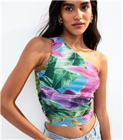 Women's Blue Floral Print Mesh One Shoulder Cropped Top New Look