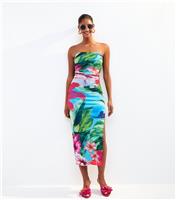Women's Blue Tropical Print Mesh Bandeau Dress New Look