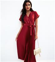 Women's Red Satin Pleated Skirt Wrap Midi Dress New Look