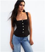 Women's Black Square Neck Metallic Button Top New Look