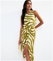 Women's Green Zebra Print Satin Slit Hem Midi Dress New Look