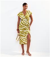 Women's Green Zebra Print Wrap Front Midi Dress New Look