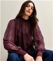 Women's Burgundy Textured Chiffon High Neck Blouse New Look