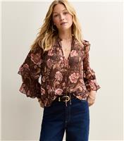 Women's Brown Floral Frilly Flared Sleeve Blouse New Look