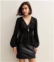 Women's Black Floral Jacquard Buttoned Long Sleeve Blouse New Look