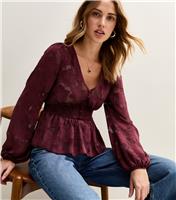 Women's Burgundy Floral Jacquard Buttoned Long Sleeve Blouse New Look