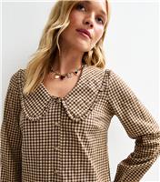 Women's Brown Gingham Check Frill Collar Blouse New Look