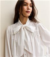 Women's White Poplin Cotton Pussybow Neck Long Sleeve Blouse New Look