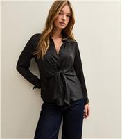 Women's Black Tie Front Satin Long Sleeve Shirt New Look