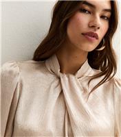 Women's Cream Twist Neck Long Sleeve Textured Satin Blouse New Look
