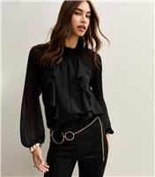 Women's Black Lace Insert Ruffle Trimmed Blouse New Look