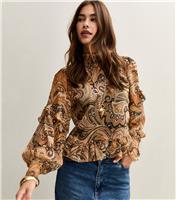 Women's Brown Paisley Print Frilly Trimmed Blouse New Look