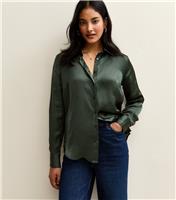 Women's Green Satin Long Sleeve Shirt New Look