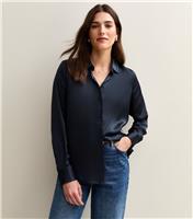 Women's Navy Satin Long Sleeve Shirt New Look