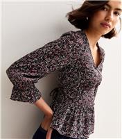 Women's Black Floral Print V-Neck Blouse New Look