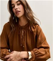 Women's Brown Tie Neck Long Sleeve Blouse New Look