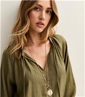 Women's Khaki Tie Neck Long Sleeve Blouse New Look