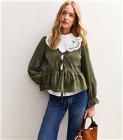 Women's Khaki Green Corduroy Tie Front Peplum Shirt New Look