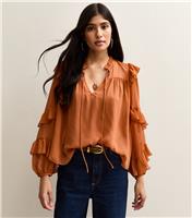 Women's Rust Chiffon Frilly Trimmed Keyhole Neck Blouse New Look
