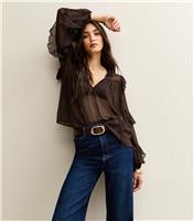 Women's Brown Chiffon Tie Neck Blouse New Look