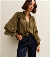 Women's Khaki Chiffon Frilly Trimmed Keyhole Neck Blouse New Look
