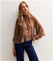 Women's Brown Ruffle Chiffon High Neck Asymmetrical Blouse New Look