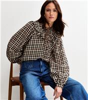 Women's Brown Checked Frill Collar Balloon Sleeve Blouse New Look